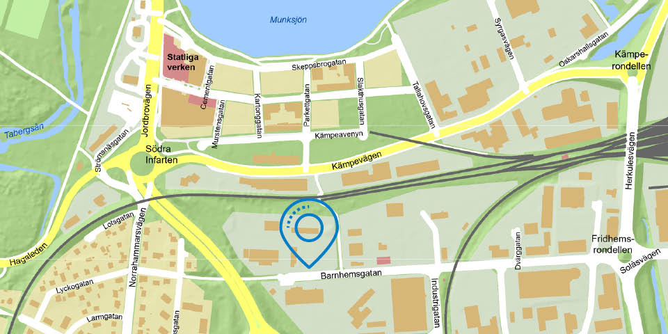 Kartbild med en markering som visar var den nya brandstationen ska ligga.