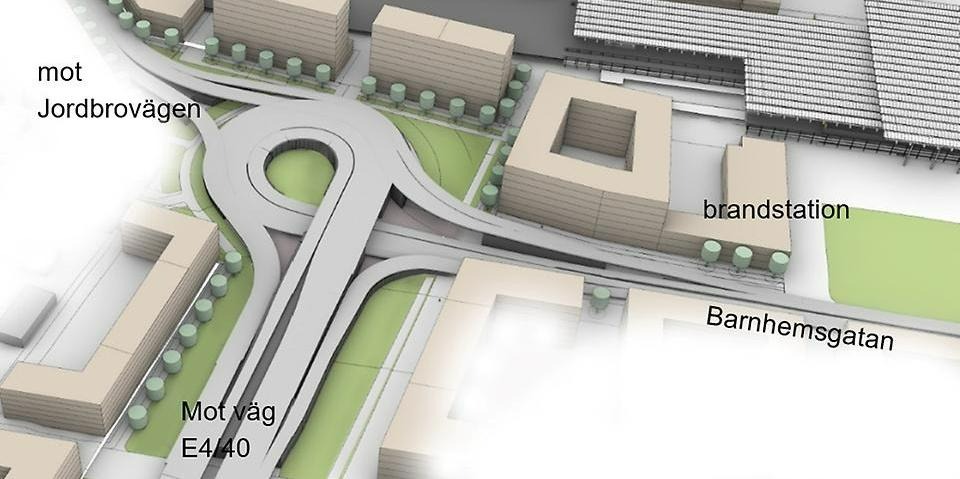 Skiss på planområdet sett från sydost, ny trafiklösning, brandstation och framtida bebyggelse. 