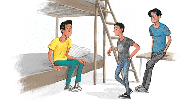 En kille sitter på en säng och pratar med två andra killar, illustration.