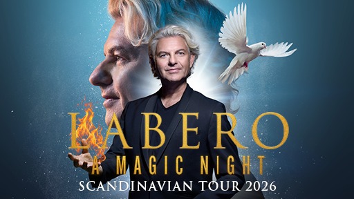 Två bilder på en man. Ena bilden är i profil och den andra är framifrån. Det flammar eld från en av handflatorna. Det flyger en duva i bilden. Bildtext: Labero, A Magic Night, Scandinavian Tour 2026