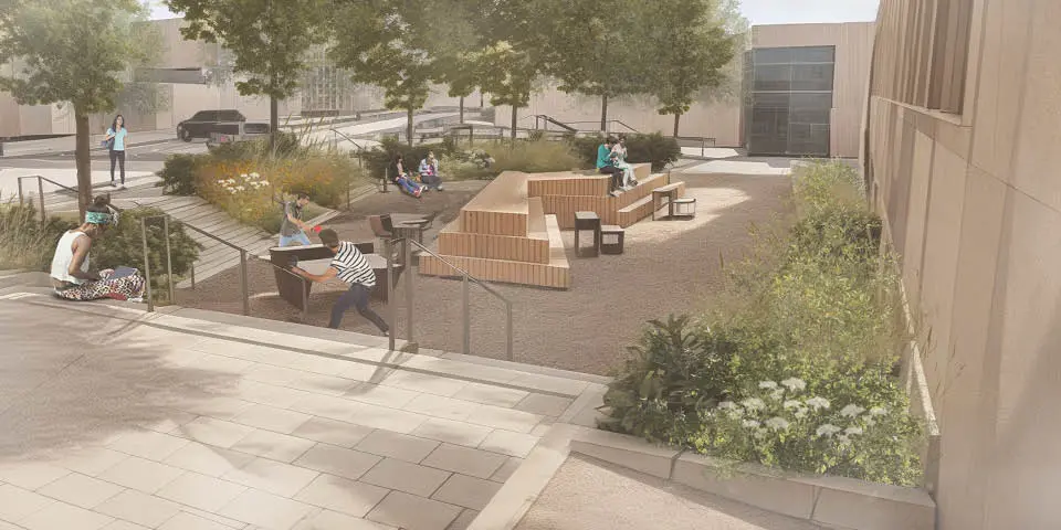 Illustration som visar ett torg med grönska och människor i rörelse.
