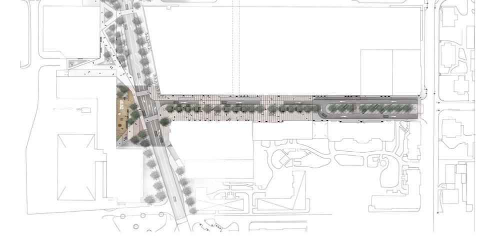 Skiss över delar av Huskvarna centrum som visar ett förslag på framtida utformning med bland annat mer grönska.