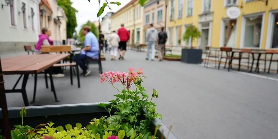 Människor i rörelse på en gata med växter och möbler,
