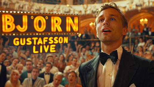 En man tittar uppåt. Bakom sig har en stor mängd människor. Bildtext: Björn Gustafsson Live