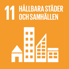 Symbol med byggnader för globalt mål nr 11; Hållbara städer och samhällen.
