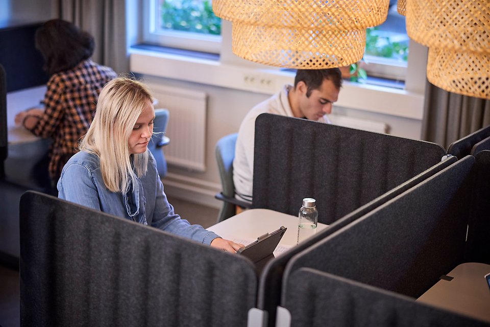Personer som sitter vid arbetsplatser med datorer