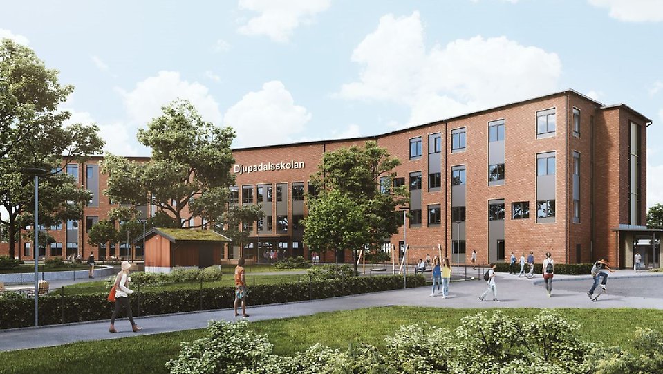 Illustration av Djupadalsskolan, vy från från skolgården.