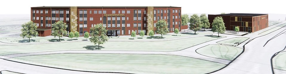 Illustration av Djupadalsskolan, vy från rondellen.