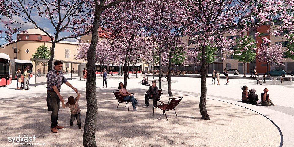 Illustration som visar en del av ett torg med busshållplatser och bussar. Människor i rörelse och sittandes på bänkar och trappsteg.