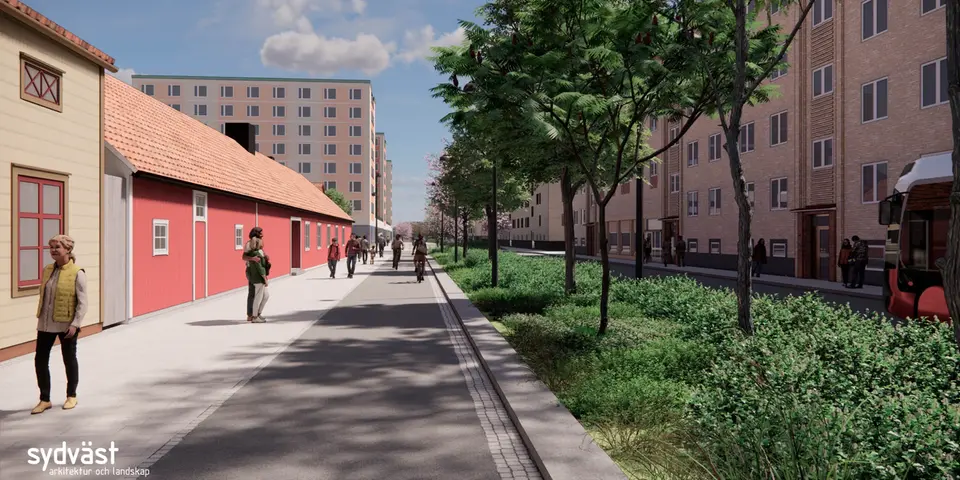 Illustration som visar en gång- och cykelväg med människor i rörelse, ett stråk med gröna träd och marktäckande växter samt en gata där en del av en buss syns.