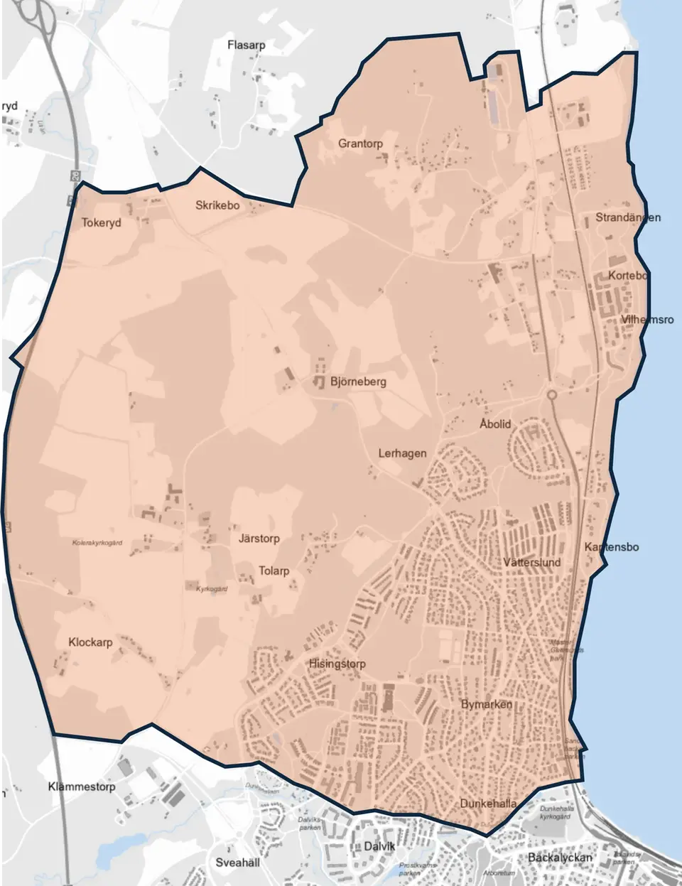 Upptagningsområde för Djupadalsskolan, delen för Kortebo till Dunkehalla.