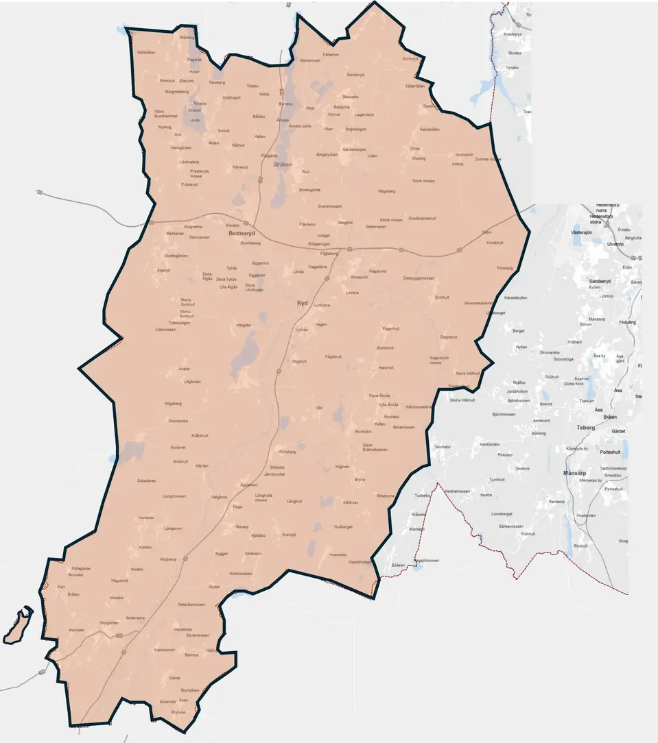 Upptagningsområde för Djupadalsskolan, delen för Bottnaryd, Ryd och Norra Unnaryd.